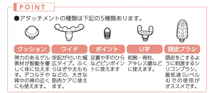 クッション ワイド ポイント U字 頭皮ブラシの5種類のアタッチメント